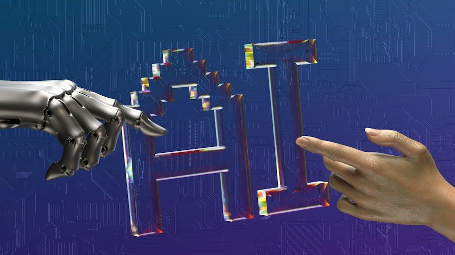 Mano robótica y mano humana frente a las letras AI